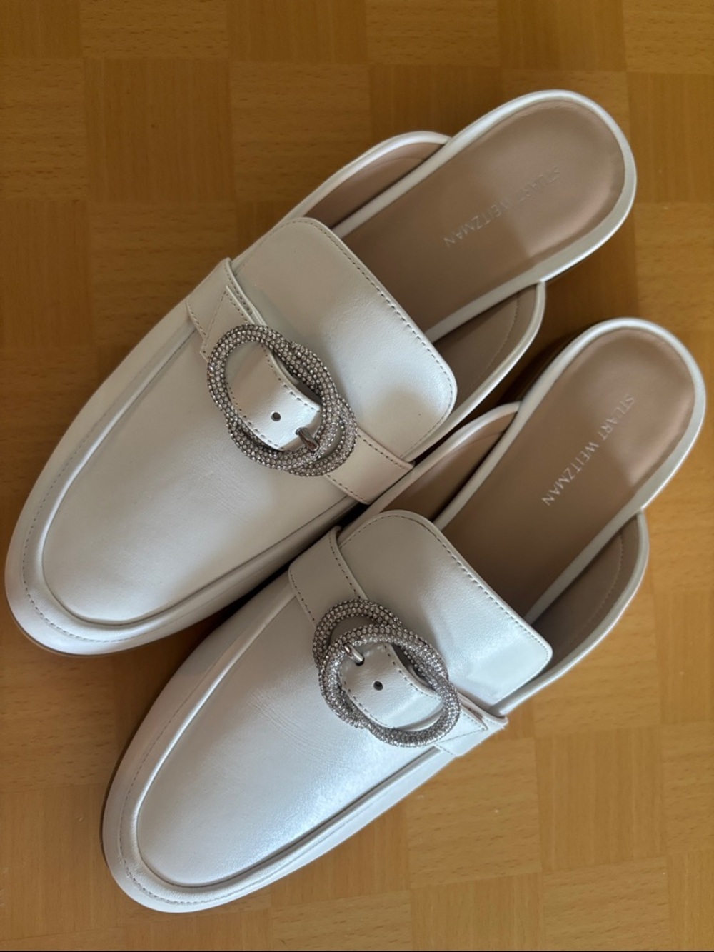 New Stuart Weitzman White Leather Slip-On Mules with Crystal Buckle Accent